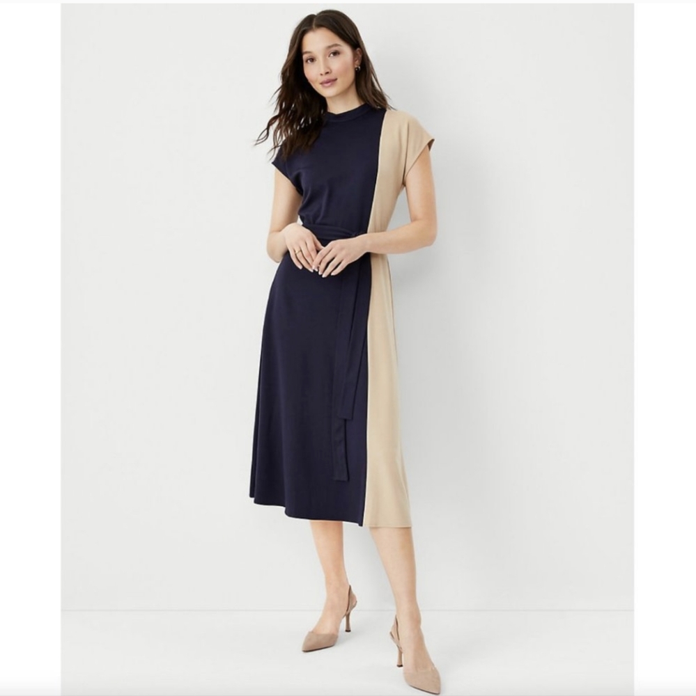 Ann Taylor Mock Neck Tie Waist Flare Dress Navy Blue & Tan Colorblock Size Small